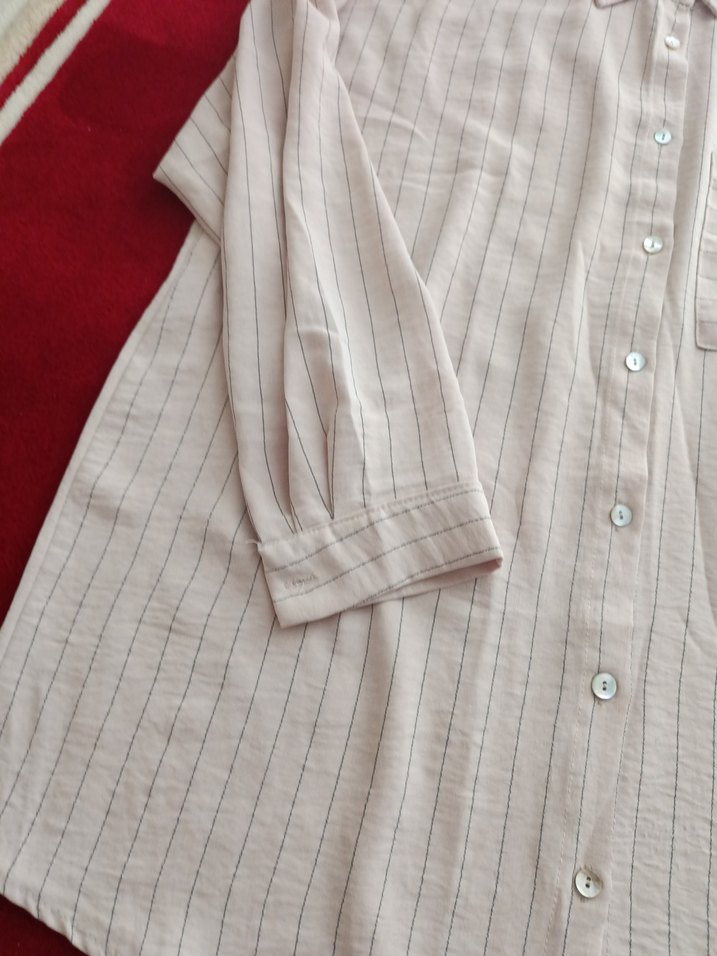 Düğmeli krem çizgili Keten Kadın Gömlek - Görsel 4