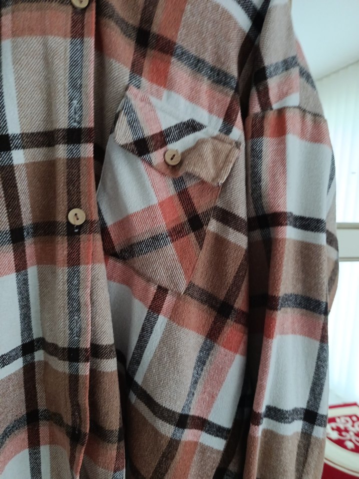 Düğmeli Gri-Kahverengi Kareli Kadın Gömlek - Görsel 2