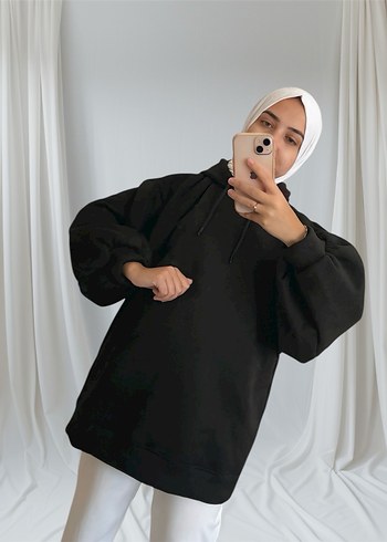 Siyah Kapüşonlu Salaş Sweatshirt