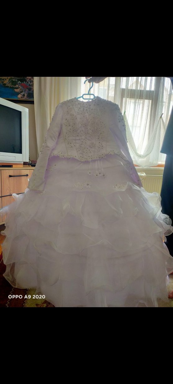 Uzun Kollu Straplez Beyaz Prenses Gelinlik - Görsel 3