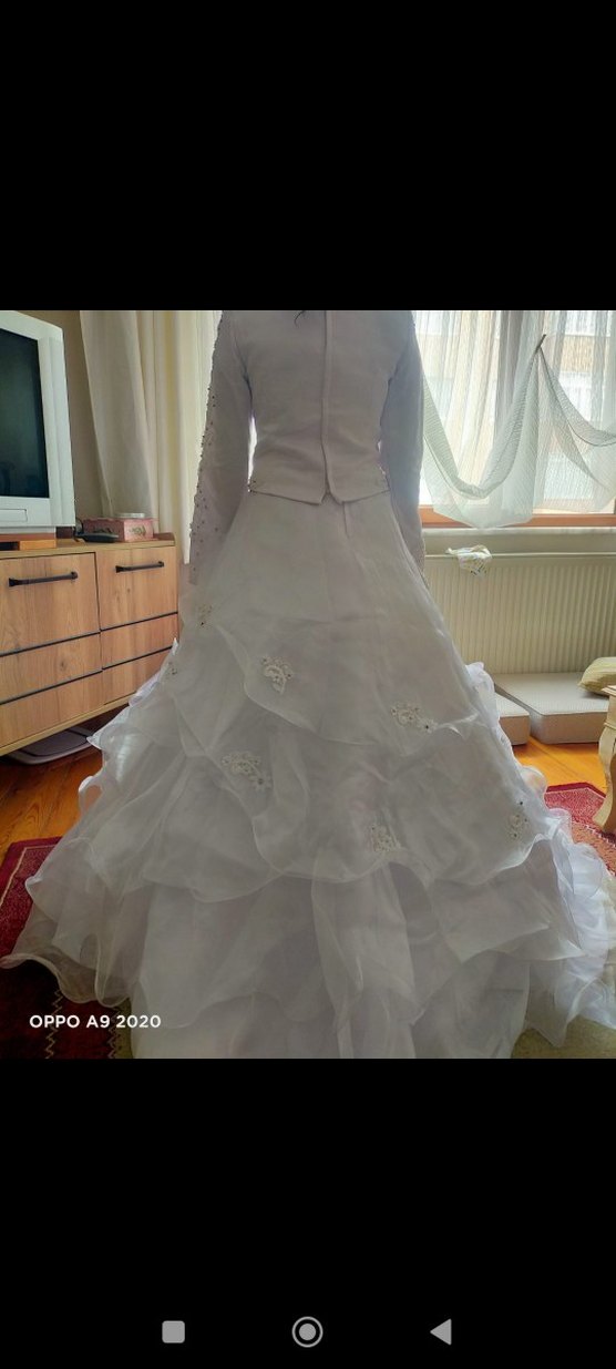 Uzun Kollu Straplez Beyaz Prenses Gelinlik - Görsel 2