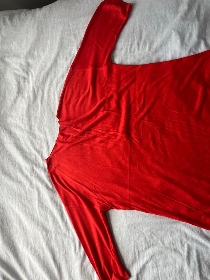 Kırmızı Kadın Keten Salaş Uzun Kollu Kazak merserize kayık yaka - Görsel 3