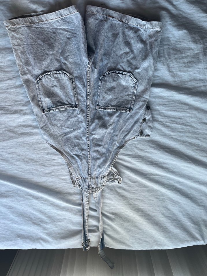 Gri Kadın Midi Denim Askılı Tulum mom 12-13 yaş - Görsel 4