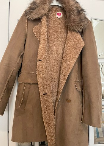 40 Beden camel Renk Kahverengi Süet Kadın Kaban, Kürk Detaylı