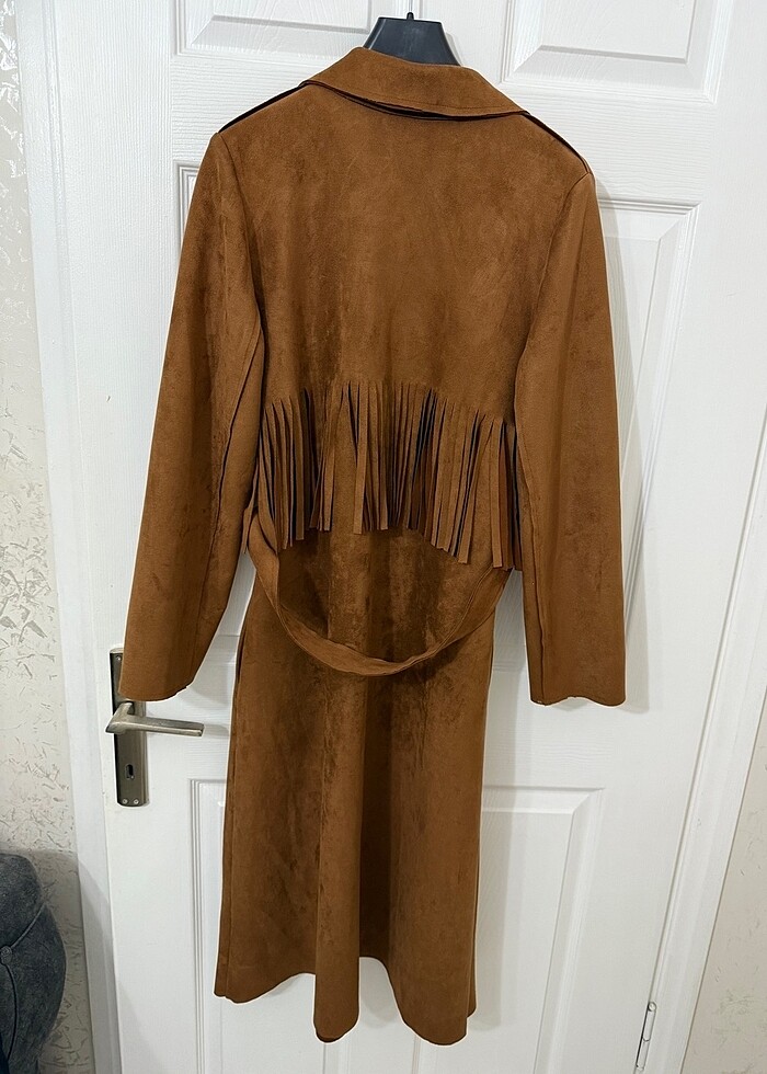 büyük beden taba süet uzun ceket - Görsel 4