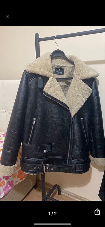 stradivarius biker ceket mont siyah kürklü