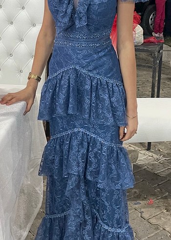 Uzun Lacivert Nakışlı Fırfırlı Bohem Elbise