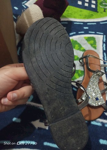 38 Beden Payetli Bohem Gri düz taban Kadın Sandalet
