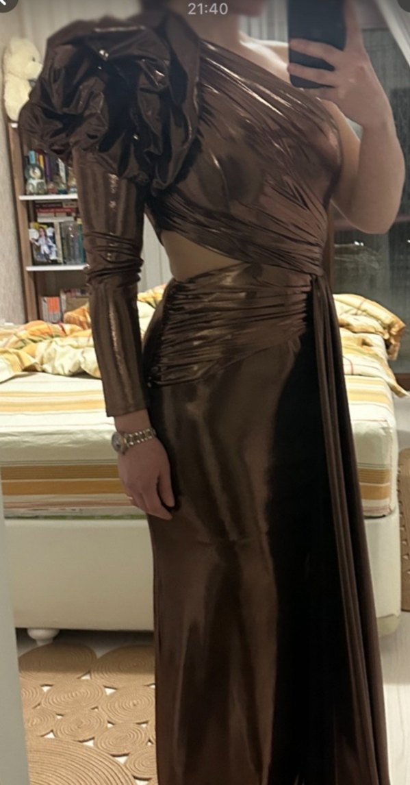 Parlak Kahverengi Drapeli Uzun Kadın Abiye - Görsel 2