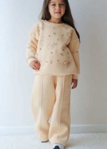 Bej Nakışlı Kız Sweatshirt ve Pantolon Takımı
