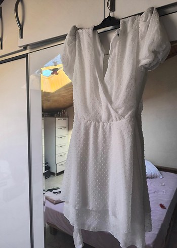 38 Beden beyaz Renk Beyaz V Yaka Midi Elbise