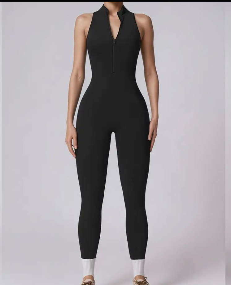 Siyah Yüksek Yakalı Kadın Spor Tulum - Görsel 2