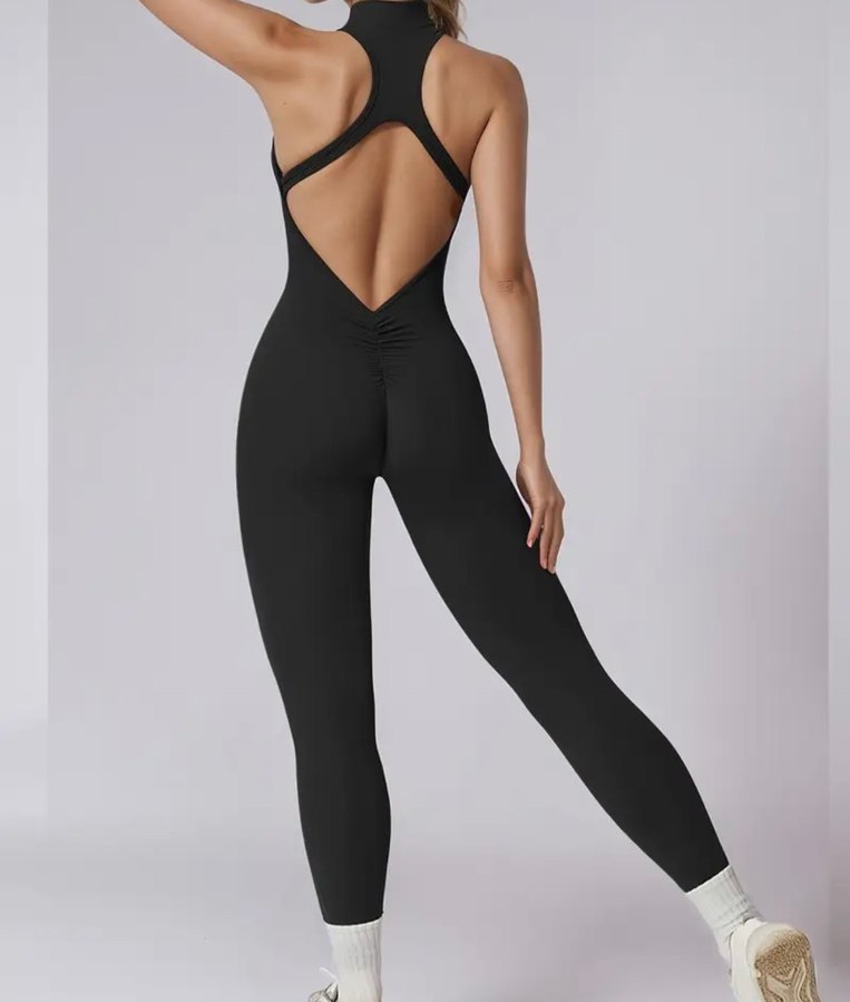 Siyah Yüksek Yakalı Kadın Spor Tulum - Görsel 4