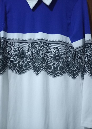 Dantel Detaylı Uzun Kollu Mavi Beyaz Bluz - Görsel 2