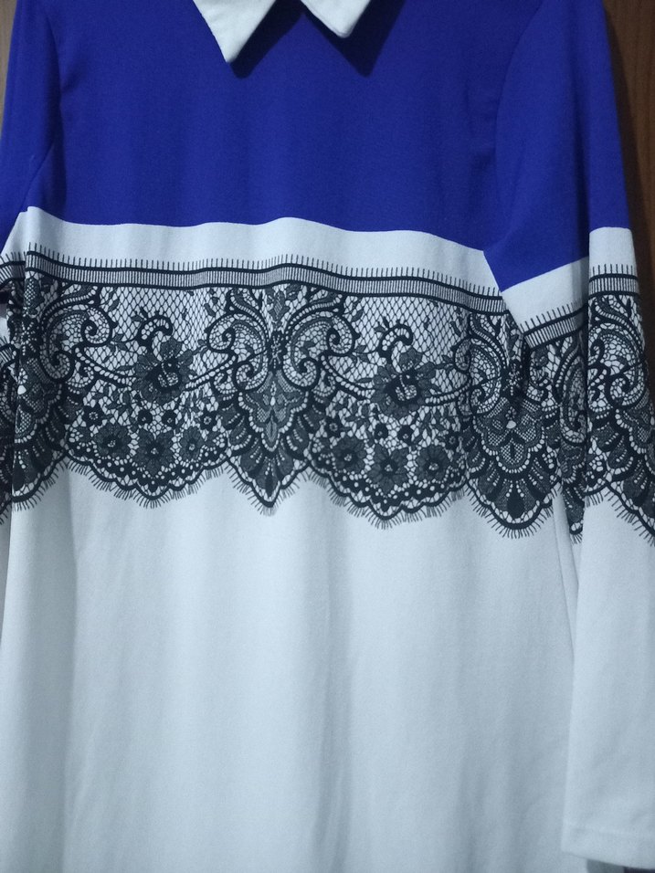 Dantel Detaylı Uzun Kollu Mavi Beyaz Bluz - Görsel 2