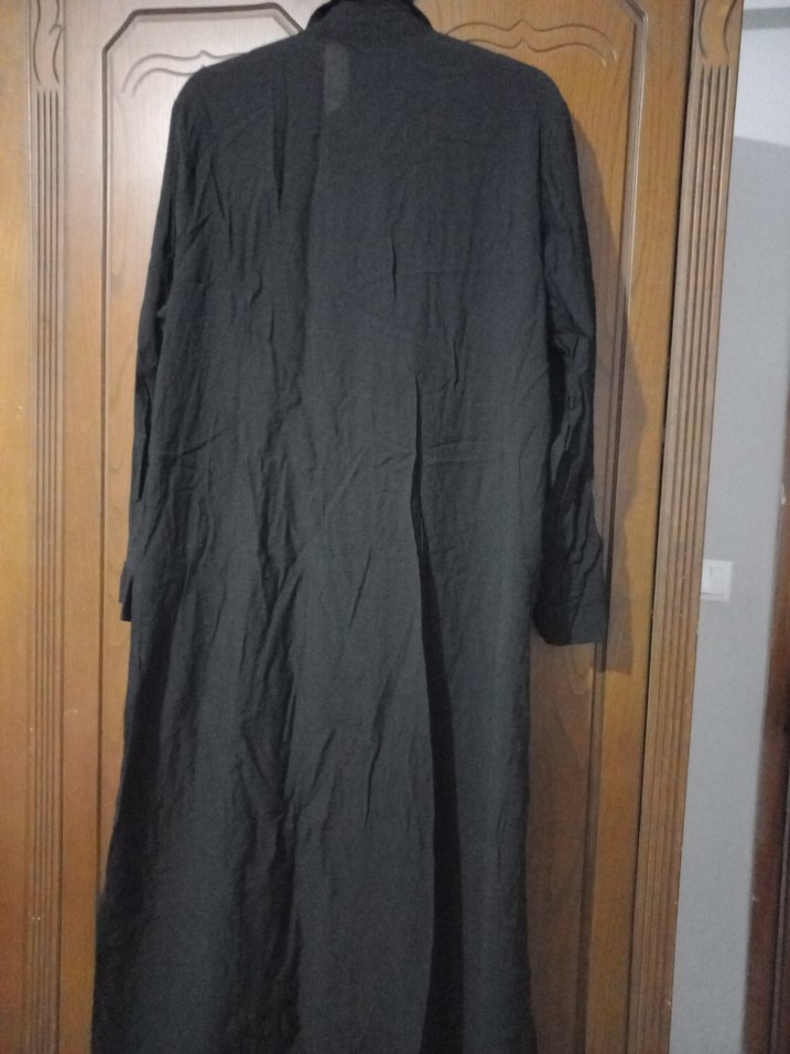 Uzun Siyah Keten Pilili Kadın Elbise - Görsel 3