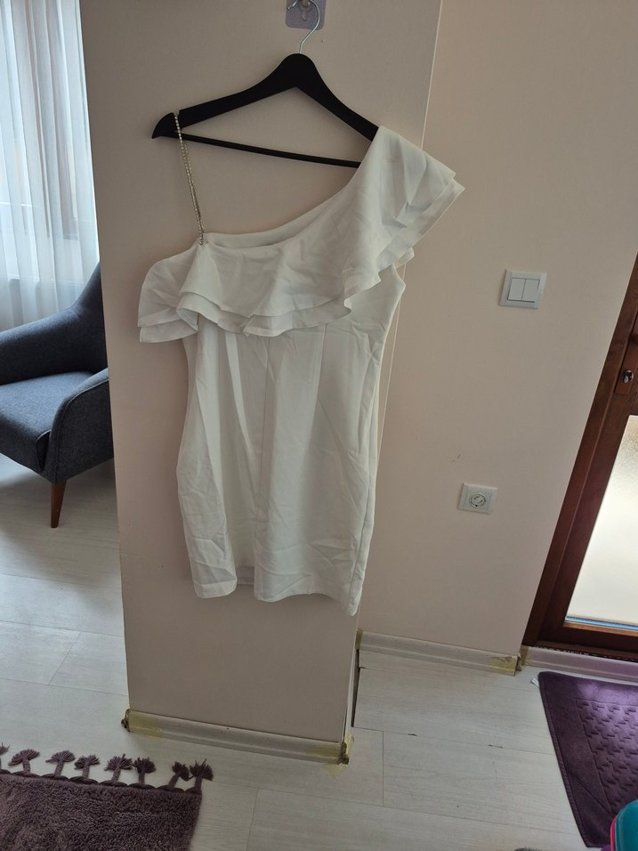 Beyaz Keten Drapeli Mini Elbise - Görsel 2