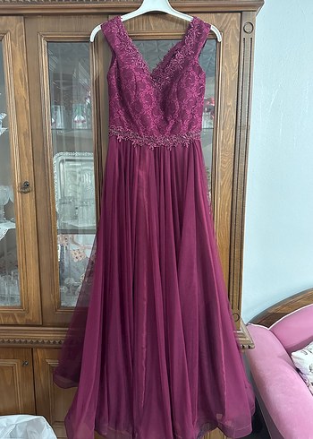 Bordo Nakışlı Midi Abiye Elbise