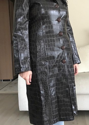 Adil Işık marka düğmeli Koyu Kahverengi Uzun Deri Ceket M beden - Görsel 6