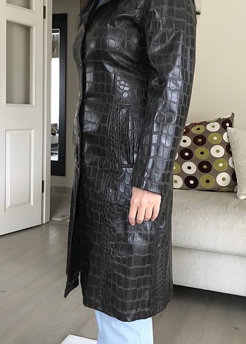 Adil Işık marka düğmeli Koyu Kahverengi Uzun Deri Ceket M beden - Görsel 7