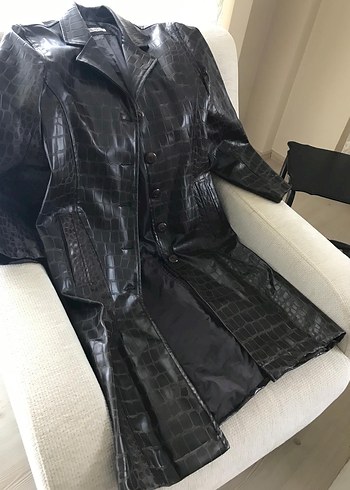 Adil Işık marka düğmeli Koyu Kahverengi Uzun Deri Ceket M beden - Görsel 3