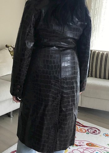 Adil Işık marka düğmeli Koyu Kahverengi Uzun Deri Ceket M beden - Görsel 5