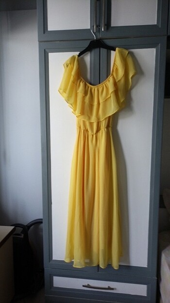 xl Beden sarı Renk Sarı kendinden astarlı şifon elbise 