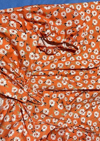 Turuncu V Yakalı Midi Rahat Elbise - Görsel 4