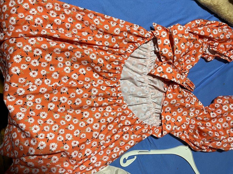 Turuncu V Yakalı Midi Rahat Elbise - Görsel 3