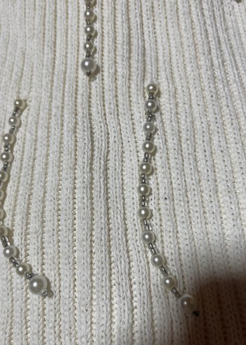 Nakışlı Beyaz Triko Boğazlı Kolsuz Midi Kazak - Görsel 4