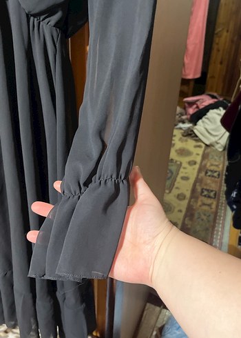 Uzun Siyah Drapeli Kadın Elbise - Görsel 6