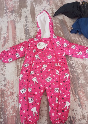 Kapüşonlu, Kürklü, Baskılı Pembe Bebek Tulumu