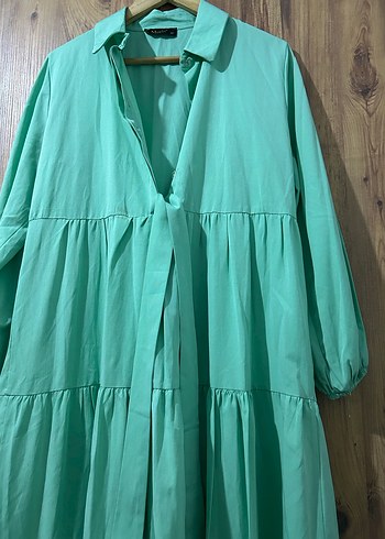 V Yaka Uzun Turkuaz Keten Elbise - Görsel 4