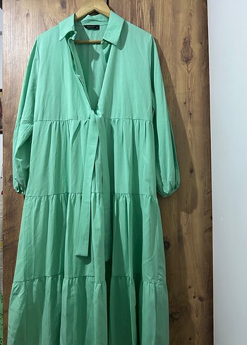 V Yaka Uzun Turkuaz Keten Elbise - Görsel 2