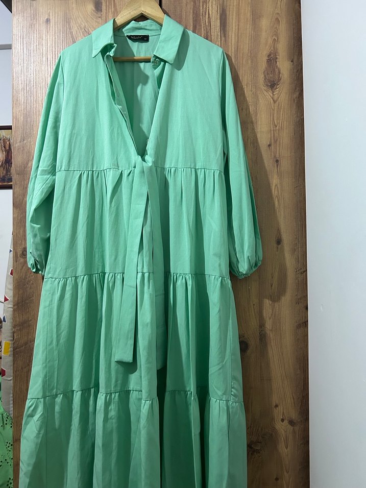 V Yaka Uzun Turkuaz Keten Elbise - Görsel 2