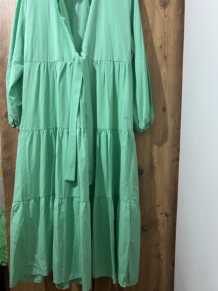 V Yaka Uzun Turkuaz Keten Elbise - Görsel 3