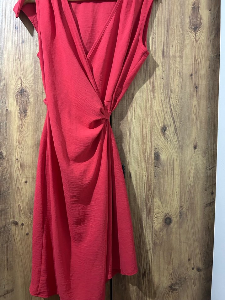 Kırmızı Kolsuz Keten Uzun Elbise - Görsel 2