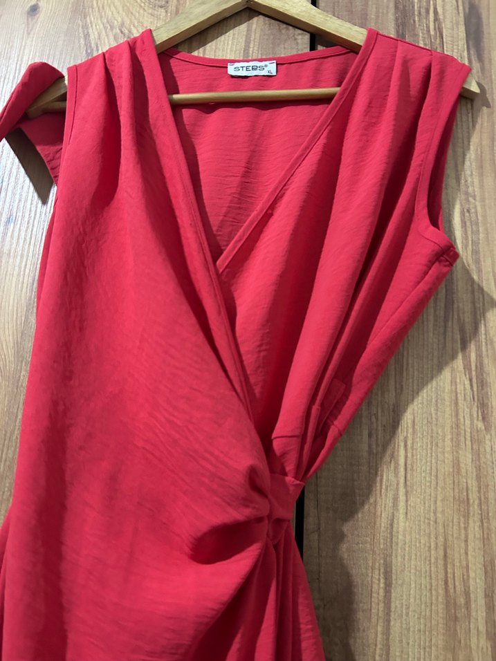 Kırmızı Kolsuz Keten Uzun Elbise - Görsel 3