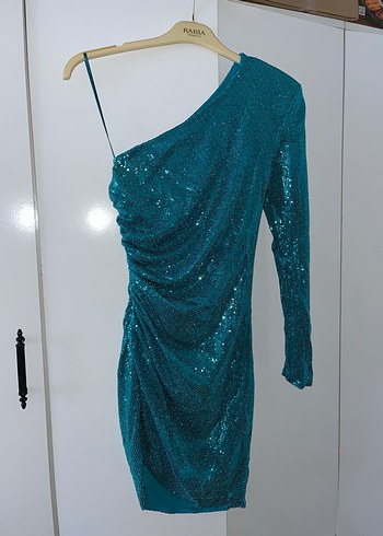 Parlak Turkuaz Drapeli Yılan Desenli Abiye Elbise - Görsel 3