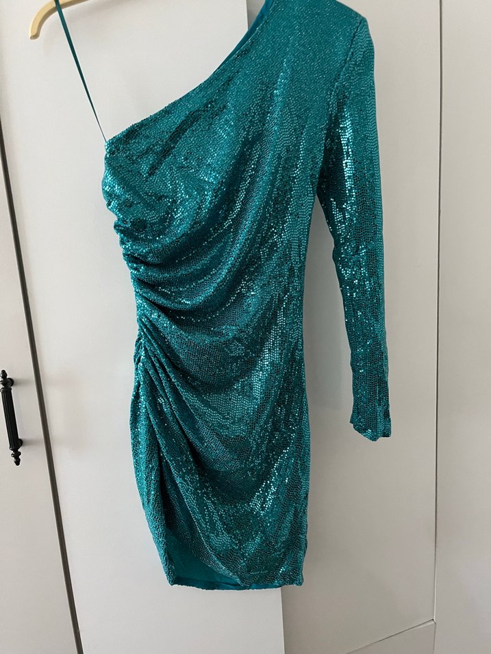 Parlak Turkuaz Drapeli Yılan Desenli Abiye Elbise - Görsel 2