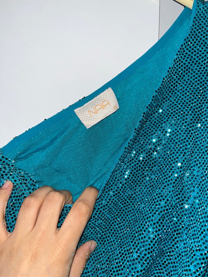 Parlak Turkuaz Drapeli Yılan Desenli Abiye Elbise - Görsel 5