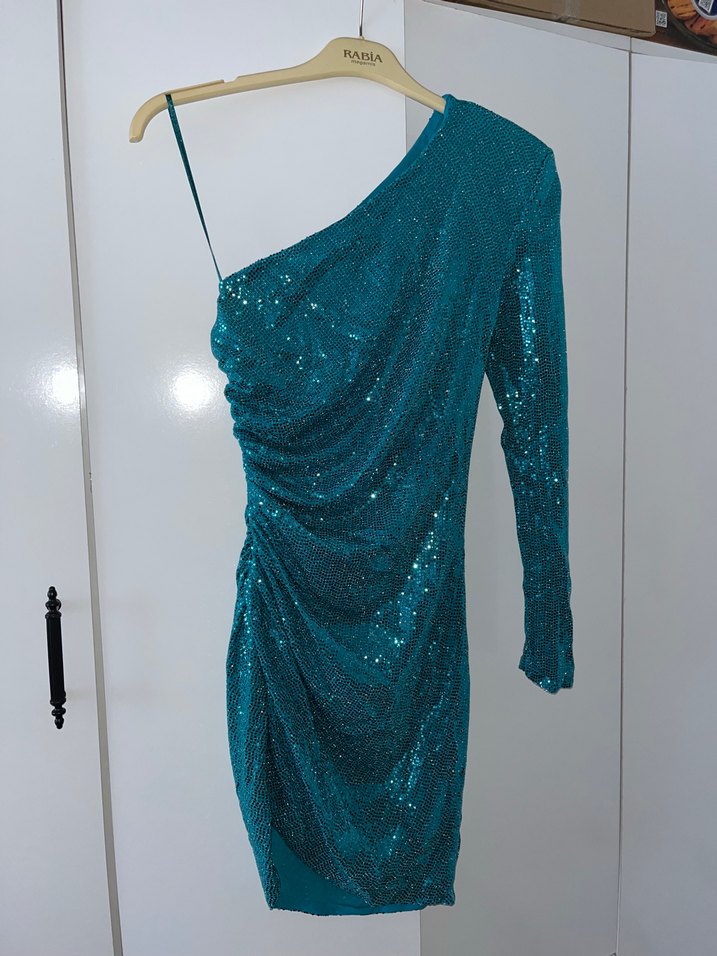 Parlak Turkuaz Drapeli Yılan Desenli Abiye Elbise - Görsel 3