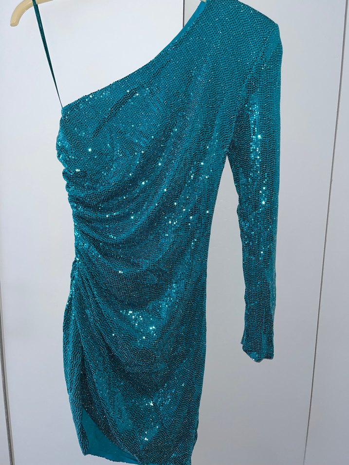 Parlak Turkuaz Drapeli Yılan Desenli Abiye Elbise - Görsel 4