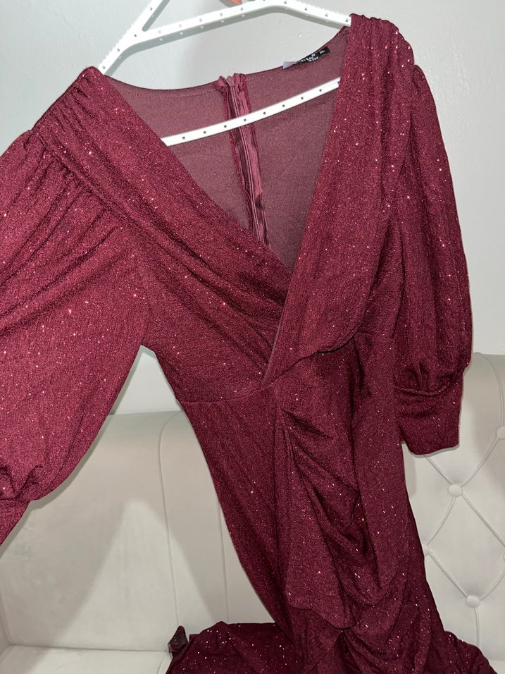 Bordo Uzun Kollu Drapeli Abiye Elbise - Görsel 4