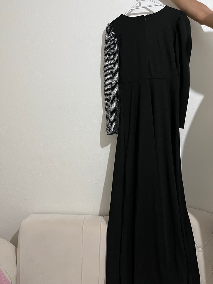 Siyah V Yaka Uzun Kollu Payetli Kadın Elbise - Görsel 4