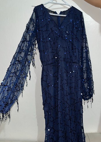 Boncuk İşlemeli Uzun Lacivert Abiye Elbise - Görsel 3