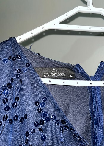 Boncuk İşlemeli Uzun Lacivert Abiye Elbise - Görsel 5