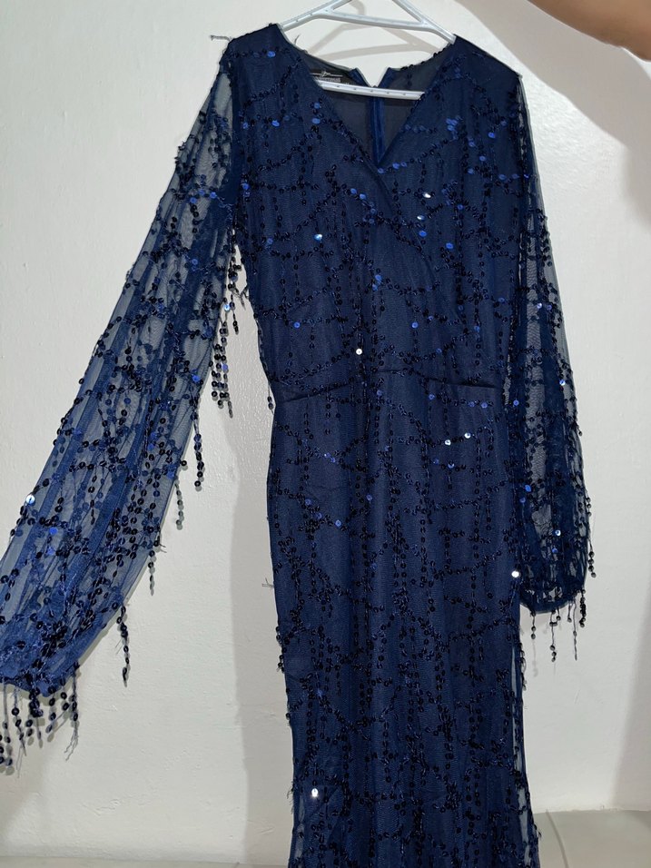 Boncuk İşlemeli Uzun Lacivert Abiye Elbise - Görsel 3