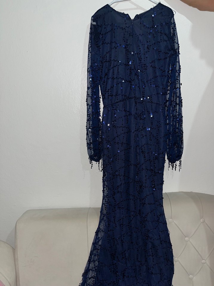 Boncuk İşlemeli Uzun Lacivert Abiye Elbise - Görsel 4