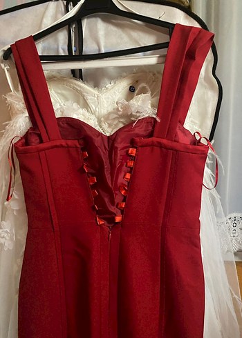 Bordo Uzun Drapeli Straplez Kadın Abiye - Görsel 2